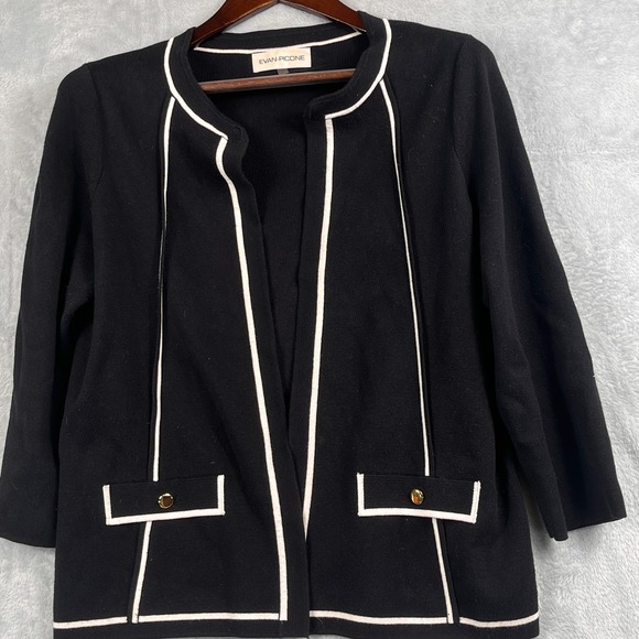 Evan Picone Sweaters - Evan Picone Womens M Open Cardigan Sweater Black White Trim Pockets Classic